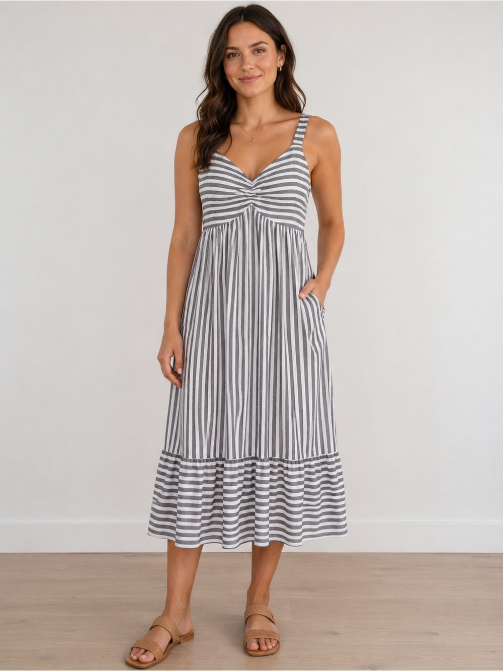 Gray White Striped Midi Sundress XL Smocked Back Sleeveless Summer Dress